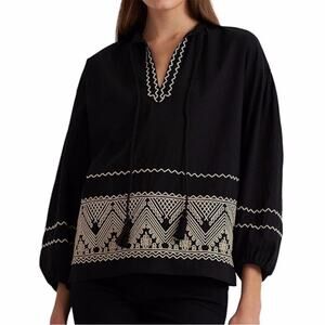 Lauren Ralph Lauren Embroidered Cotton Voile Blouse black tan - M